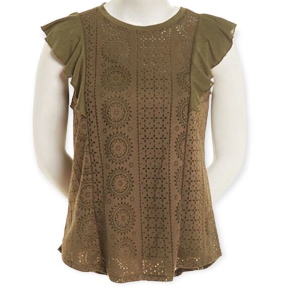 Khaki Green Short Sleeve Geo Design Matching Cami Combo Tops NEW - Picture 1 of 3